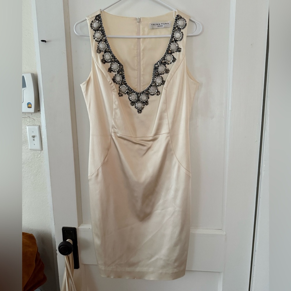 Trina Turk White Holiday Dress Beaded Neckline EUC